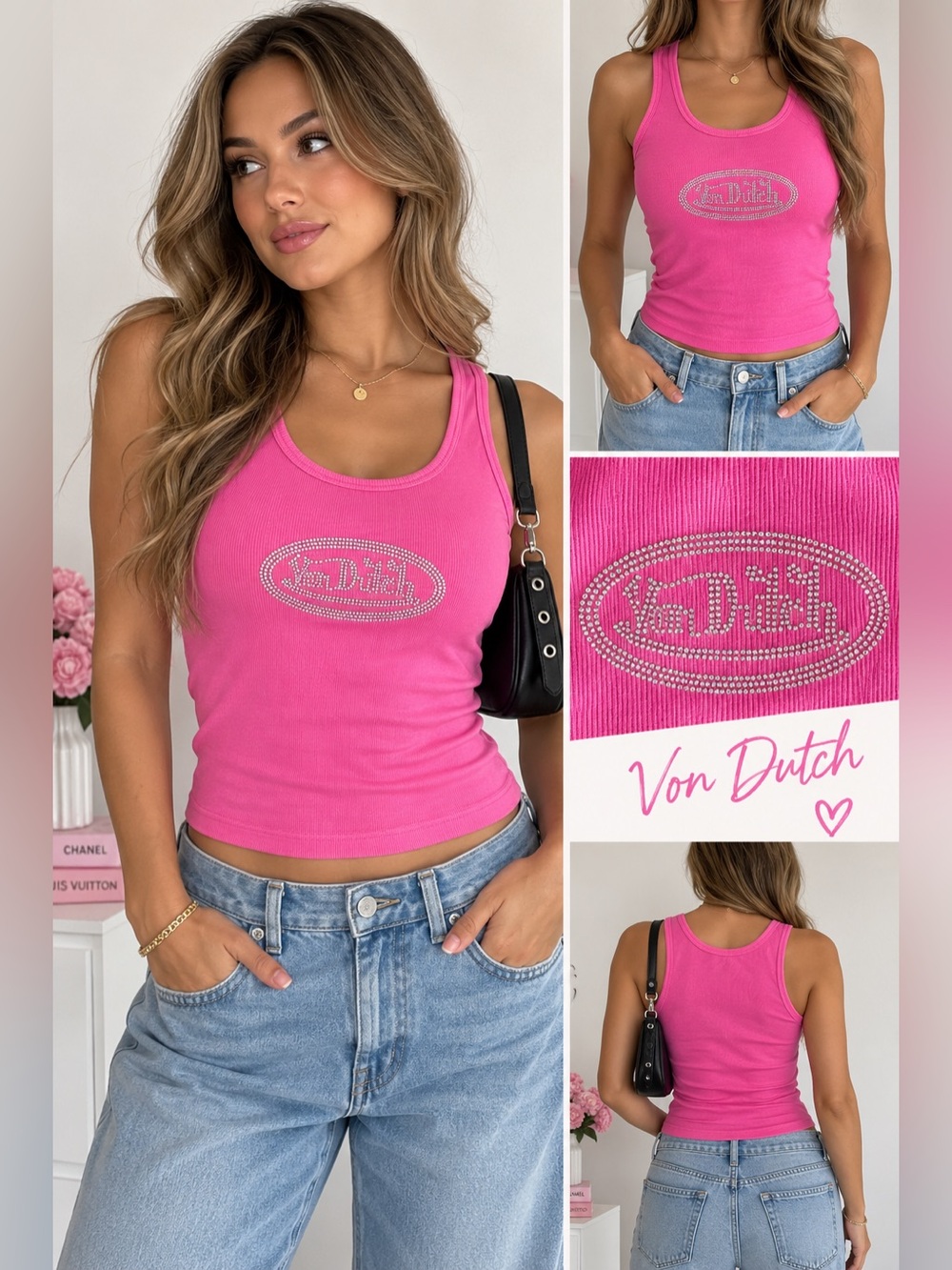 Von Dutch Hot Pink Rhinestone Logo Ribbed Tank size X-Large